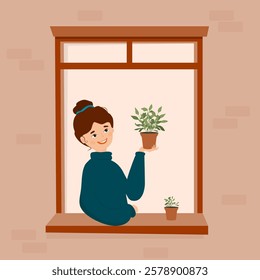 The girl is standing at the window with a flower pot in her hands. The young lady is engaged in her favorite hobby - gardening. Home garden, growing indoor plants. Flat vector illustration