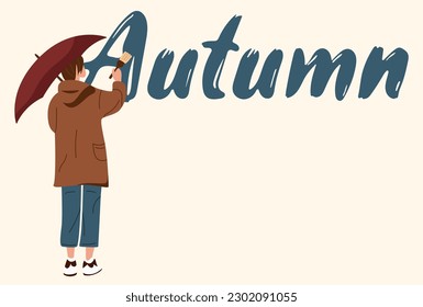 girl standing and writing with brush word Autumn person with an umbrella in raincoat jeans sneakers big text on a wall isolated back view hand drawn flat vector design element illustration for banner