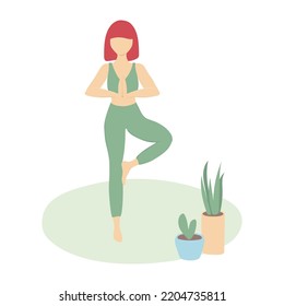 Girl Standing In Yoga Pose. Balance. Stretching. Healthy Work Out. Red Hair. Home Plants. Vector Texture. Green Color. Isolated Element On A White Backdrop. 