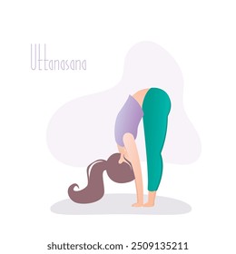 Chica de pie en la pose de yoga, de pie hacia adelante Bend pose o uttanasana asana en hatha yoga, Ilustración vectorial plana en estilo de moda