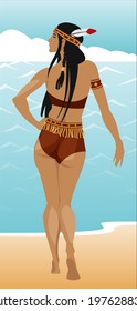 The girl stands against the background of the ocean in an ethnic swimsuit. Native American Indian characters. Vector illustration.