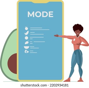 the girl stands against the background of the phone and avocado with a table