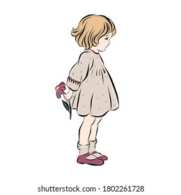Girl stands alone in dress and holds flower. Hand drawn illustration for children's books, posters for the interior of bedrooms for newborns, postcards in vintage style. Vector clip art. 