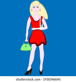 Girl stands with a bandaged hand in a red dress isolated on a blue background.