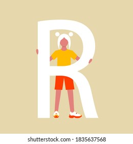 A girl stands behind a large the letter R. A flat cartoon character with an upper case letter. Vector illustration. Eps 10.