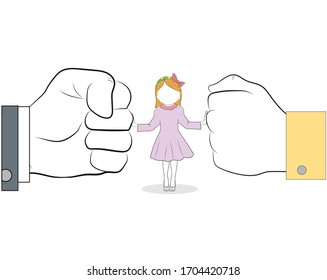 Girl Stands Between Fists Of Parents. Family Conflict Resolution Concept. Children Reassure Parents. Vector Illustration.