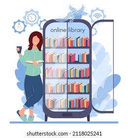 Girl stands with a book in her hands near a large smartphone in the form of an open bookcase. Woman choosing a book in an online library via smartphone application. Vector illustration in flat style