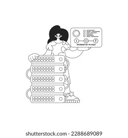 Chica frente a un servidor de almacenamiento en la nube en un estilo lineal vectorizado, para el Internet de las Cosas