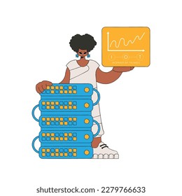 Girl stands by server, displaying "Internet of Things" logo in her hands.