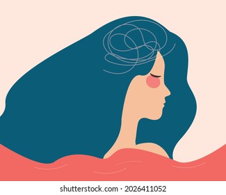 Girl stands in the choppy water feeling lost and confused. Depressed woman with flying hair looks frustrated. Concept of mental health disorders, psychological problems or illness. Vector illustration