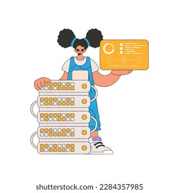 Girl stands close to server holding Internet of Things' logo.
