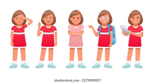 Girl stands dissatisfied with her arms crossed, in sadness, with a tablet in her hand, with a backpack behind her back, a gesture of approval. Little beautiful girl in full growth. Cute white baby.