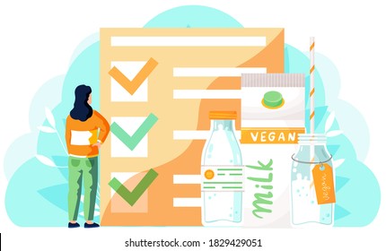 A girl stands and examines marked checklist on background. Plastic bottle with label and carton with vegan plant-based milk. Veganism and vegetarianism concept. A woman adheres to healthy lifestyle