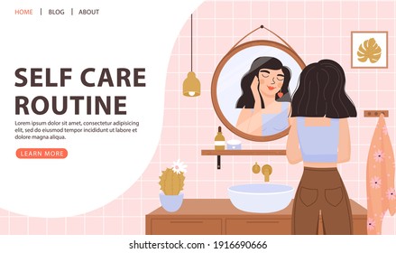 Girl stands in front of a mirror and looking at herself in reflection. Everyday beauty routine. Self care, self acceptance, love yourself, narcissism concept. Landing page template. Vector.