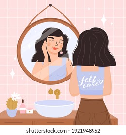 Girl stands in front of a mirror and looking at herself in reflection. Everyday beauty routine. Self care, self acceptance, love yourself, narcissism concept. Vector.