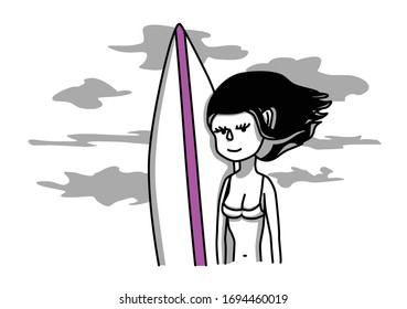 A girl stands in front of a surf against the sky smiling wind blows her hair 
