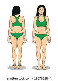The girl stands in full growth, facing forward. The figure of a woman, seen from the back. Vector image.