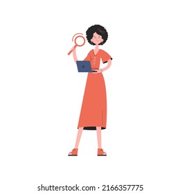 The girl stands in full growth holding a computer and a magnifying glass in her hands. Isolated. Element for presentations, sites. Vector illustration