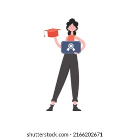 The girl stands in full growth and holds a graduation cap and a diploma. Isolated. Element for presentations, sites. Vector illustration