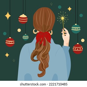 La niña se pone de pie con la espalda contra el fondo de las decoraciones de Año Nuevo y sostiene a un destello en sus manos. La ilustración vectorial es adecuada para un Año Nuevo. Una mujer con un peinado elegante