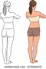 girl stands with her back, hands folded in a namaste pose. yoga. fictional character