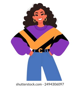 The girl stands with her hands in her pocket. Y2k character illustration