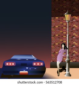 Girl stands leaned her shoulder to a street lamp support between the car and a brick wall 
