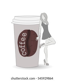girl stands leaning against a cup of coffee. vector illustration.