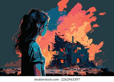 A girl stands looking at a destroyed city