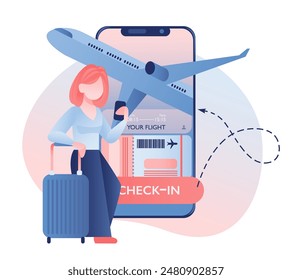 A girl stands with luggage, holding a mobile phone displaying her flight ticket, check-in option and a flying plane. Mobile Check-in and Flight Information Accessibility concept. Vector illustration