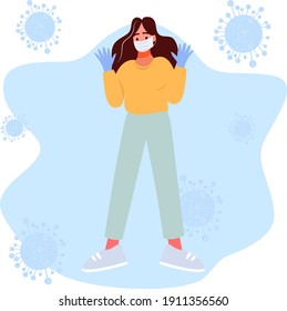 The girl stands in a medical protective mask and gloves, protection against viruses and infections, the concept of protection during a pandemic. Trending flat illustration