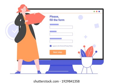 Girl stands near a big computer monitor with an arrow in her hands. Points out the registration form in the web site. Please fill the form. Vector flat illustration.