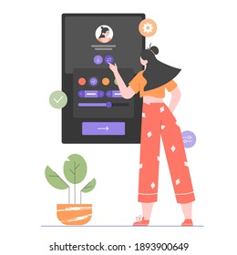 The girl stands near the interface of the mobile application. User settings and customization of the social network account. Vector flat illustration. 