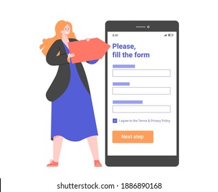 Girl stands near a smartphone with an arrow in her hands. Points out the registration form in the mobile application. Please fill the form. Vector flat illustration.