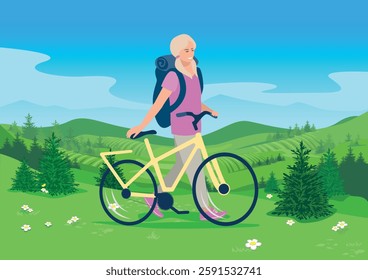 A girl stands next to a bicycle in a blooming meadow and admires the beauty of nature. Active lifestyle. Sports, recreation and lifestyle. Vector illustration.