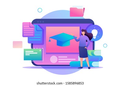 Girl stands next to the tablet screen with educational materials, distance education. Flat 2D character. Concept for web design.