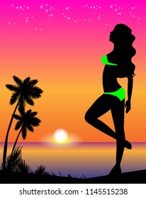 girl stands on the background of the sea and the sunset