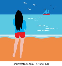 A girl stands on a beach observing a sailboat in the distance.