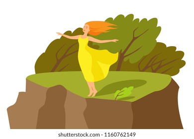 Girl Stands On Edge Cliff Enjoy Stock Vector (Royalty Free) 1160762149