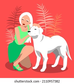 The girl stands on her knee and strokes the dog. Owner and pet. The concept of love for animals. Vector illustration in a flat style.