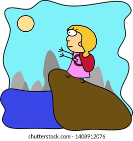 Girl stands on a mountain. Hiking and travel with a backpack. Flat cartoon character. Color illustration for modern design. Vector.