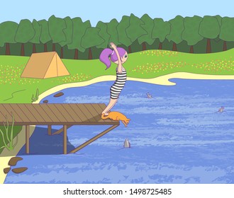 a girl stands on the shore of a lake on a bridge and wants to jump into the water. a cat sits nearby and catches a paw fish. against the background of a tent, a flower glade and a beautiful forest