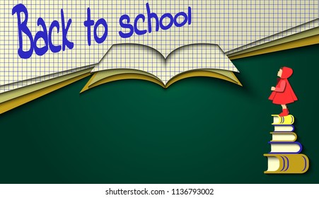 The girl stands on a stack of books and looks into a large notebook. Back to school. Banner in the style of cut paper