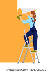 A girl stands on a stepladder and glues wallpaper on the wall. Decorator woman. Apartment or house renovation. Isolated vector illustration in cartoon style