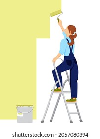 A girl stands on a stepladder and paints the wall with a roller. A can of paint is next to it. Decorator woman. Apartment or house renovation. Isolated vector illustration in cartoon style