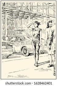 A girl stands on a street in the city with her eyes closed and a hand on her head. Summer day black and hand drawing with pen and ink. Engraving, etching, sketch style.
