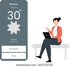 The girl stands outdoors, engrossed in her phone, checking the weather temperature.