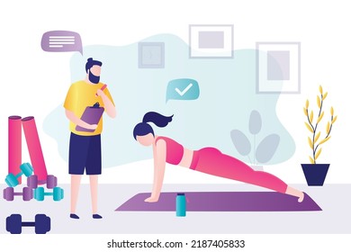 Girl stands in plank exercise. Fitness trainer helps woman improve body. Instructor monitors student technique of performing exercises. Sports activities with personal coach. Flat vector illustration