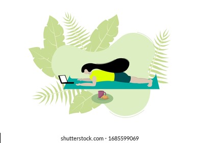 girl stands in plank next to laptop on background of tropical leaves. Stay home, home office for quarantine. Yoga and work at home. Freelance. Cartoon vector illustration