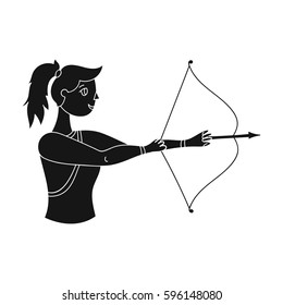 A girl stands in profile and holds the bow.Shooting a bow at a target.active sports single icon in black style vector symbol stock illustration.